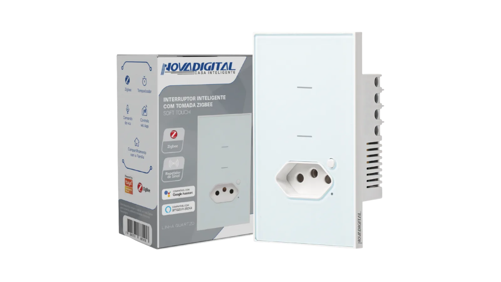 Interruptor 2 teclas e 1 tomada de 20A Quartzo Soft Touch Zigbee da Nova Digital