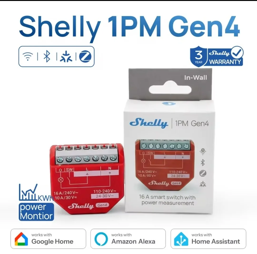 Shelly 1 PM Gen 4  | Matter Over Wi-fi e ZigBee (Relé de 1 canal com monitoramento de energia)