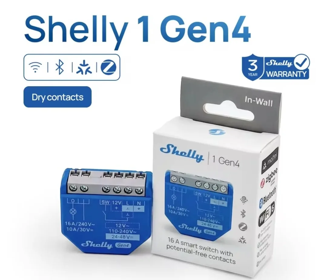 Shelly 1 Gen 4 com ZigBee e Matter Over Wi-fi | Relé de contato seco, iluminação e tomada
