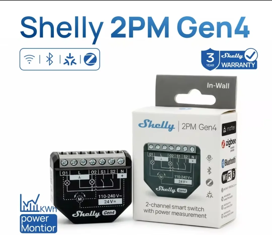Shelly 2PM Gen 4 Matter Over Wi-fi e Zigbee | Relé de 2 canais para tomadas, iluminação e persianas com monitoramento de energia