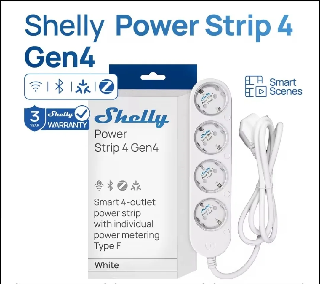 Shelly Power Strip Gen 4  com Matter Over Wi-fi e Zigbee| Régua de 4 tomadas.com monitoramento de energia (Plugue EU)